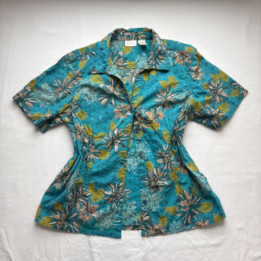 Vintage ERIKA Button Up Top 100% Cotton Sheer Floral Embroidery Yoga Earthy XL